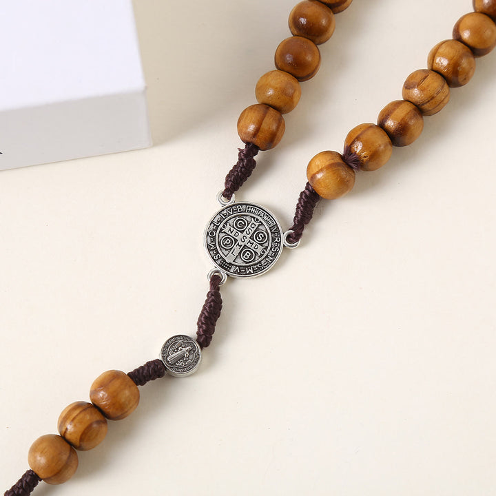 Christianartworkshop St. Benedikt-Medaille und Pardon-Kruzifix aus 10 mm rundem Rosenkranz aus braunem Holz und Nylonschnur