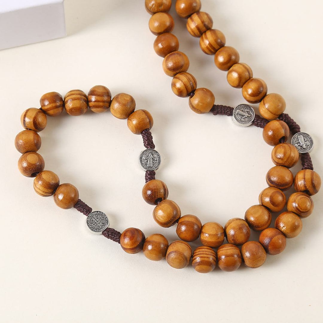 Christianartworkshop St. Benedikt-Medaille und Pardon-Kruzifix aus 10 mm rundem Rosenkranz aus braunem Holz und Nylonschnur