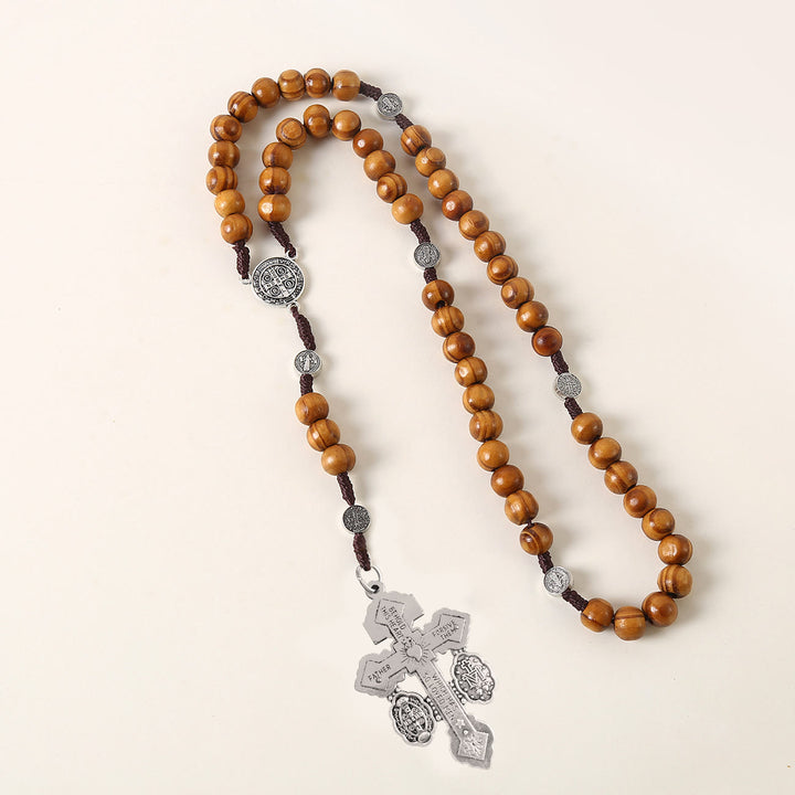 Christianartworkshop St. Benedikt-Medaille und Pardon-Kruzifix aus 10 mm rundem Rosenkranz aus braunem Holz und Nylonschnur