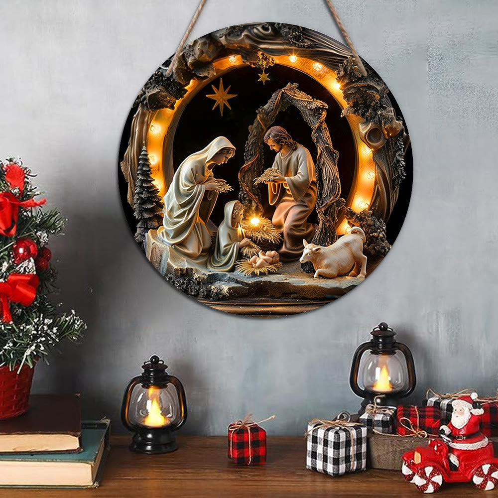 Christianartworkshop Weihnachtskrippe im realistischen Stil, Heilige Nacht, Weihnachtskrippe aus Holz, hängende Ornamente - image 1