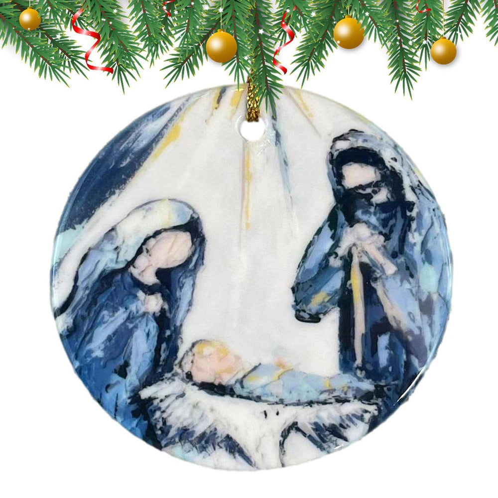 Christianartworkshop Weihnachtskrippe im farbigen Stil, Skizze aus Acryl, Weihnachtskrippe, hängende Ornamente - image 1
