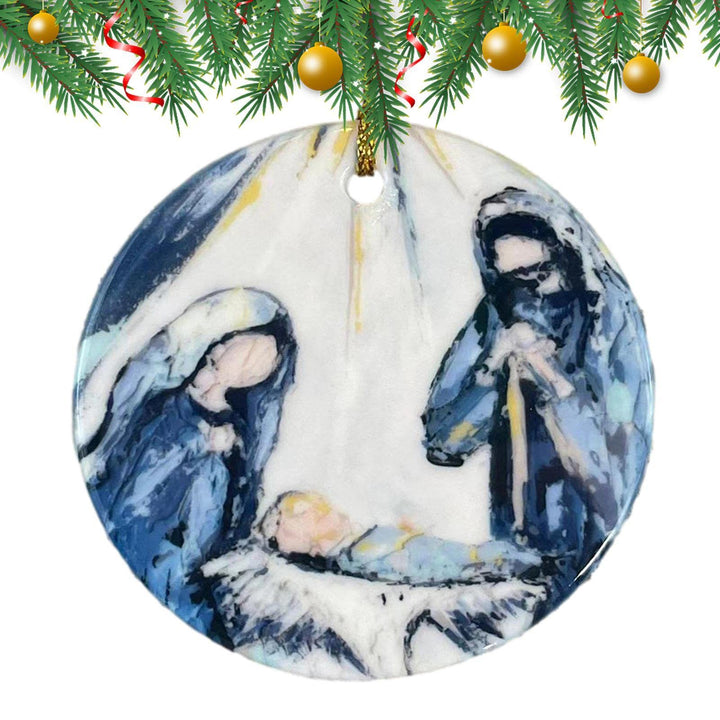 Christianartworkshop Weihnachtskrippe im farbigen Stil, Skizze aus Acryl, Weihnachtskrippe, hängende Ornamente - image 1