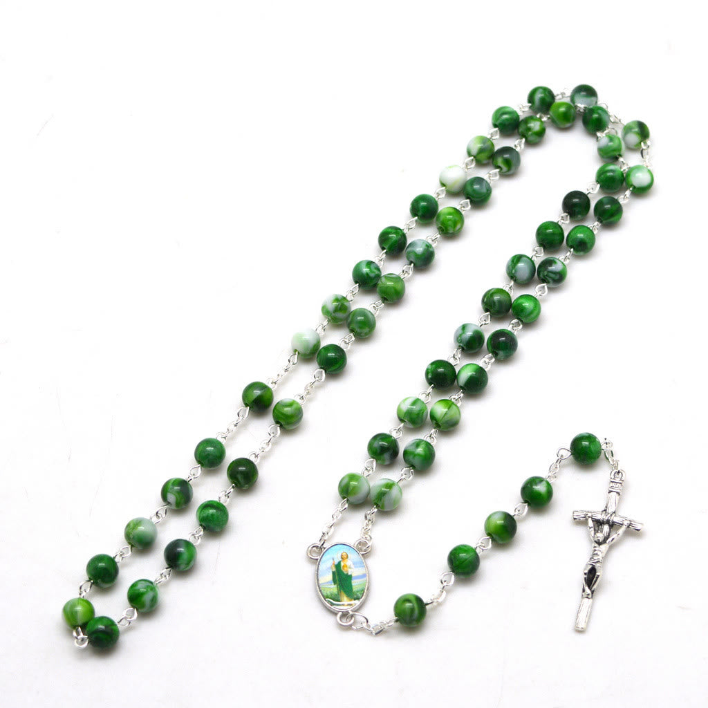 Christianartworkshop Rosenkranz mit Heiligem Judas Thaddäus und Kruzifix, 8 mm rund, grüne Kette aus Acryllegierung