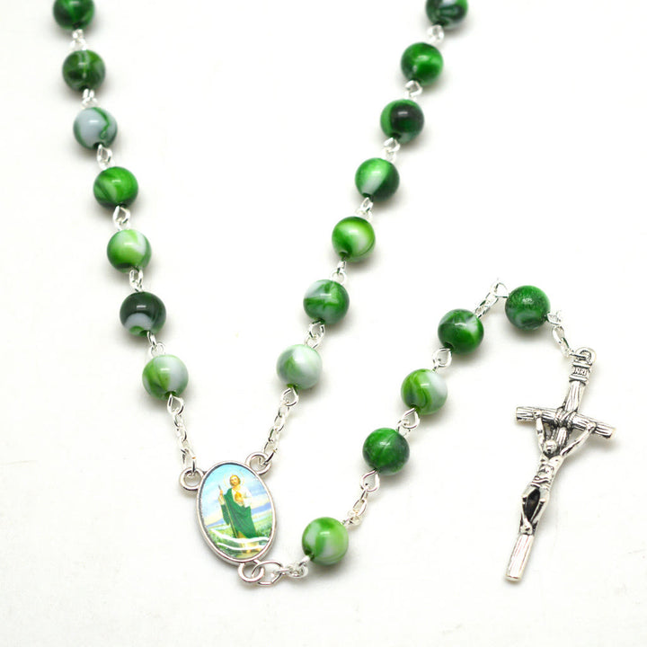 Christianartworkshop Rosenkranz mit Heiligem Judas Thaddäus und Kruzifix, 8 mm rund, grüne Kette aus Acryllegierung