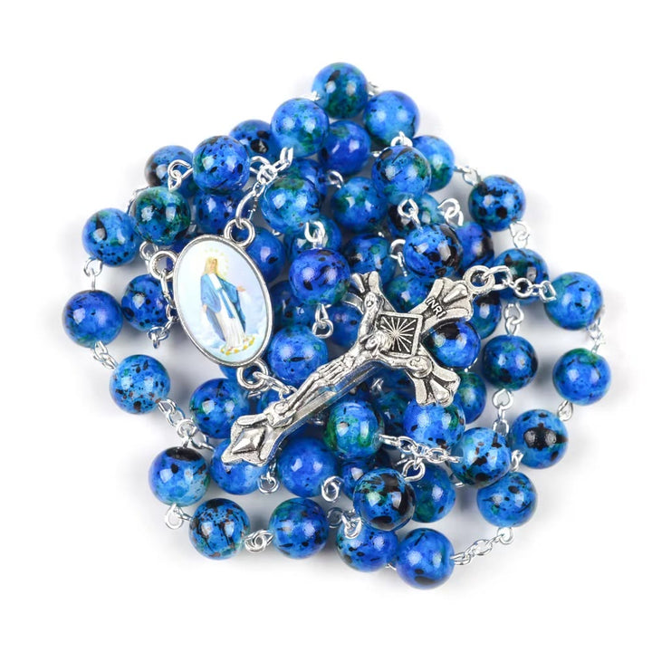 Christianartworkshop Mariä Himmelfahrt & Verzeihung Kruzifix aus 6 mm rundem blauem Naturstein Legierung Kette Rosenkranz