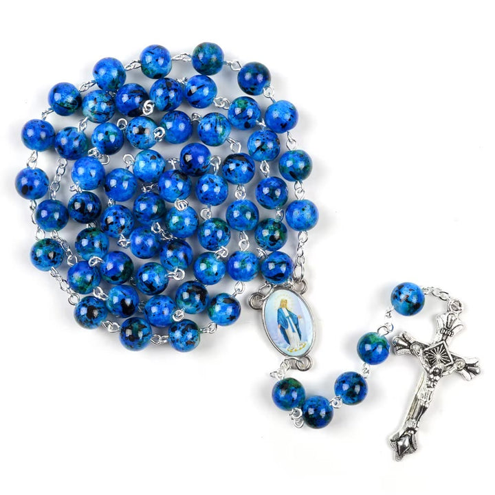 Christianartworkshop Mariä Himmelfahrt & Verzeihung Kruzifix aus 6 mm rundem blauem Naturstein Legierung Kette Rosenkranz