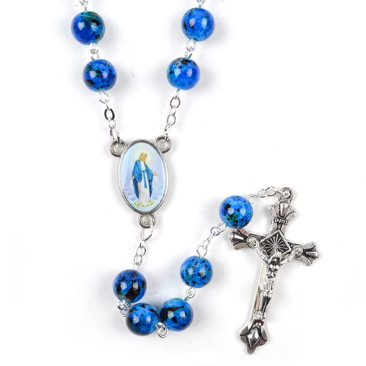 Christianartworkshop Mariä Himmelfahrt & Verzeihung Kruzifix aus 6 mm rundem blauem Naturstein Legierung Kette Rosenkranz