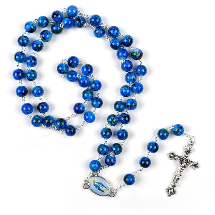 Christianartworkshop Mariä Himmelfahrt & Verzeihung Kruzifix aus 6 mm rundem blauem Naturstein Legierung Kette Rosenkranz
