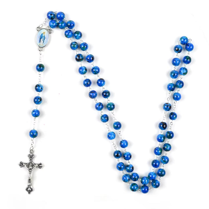 Christianartworkshop Mariä Himmelfahrt & Verzeihung Kruzifix aus 6 mm rundem blauem Naturstein Legierung Kette Rosenkranz