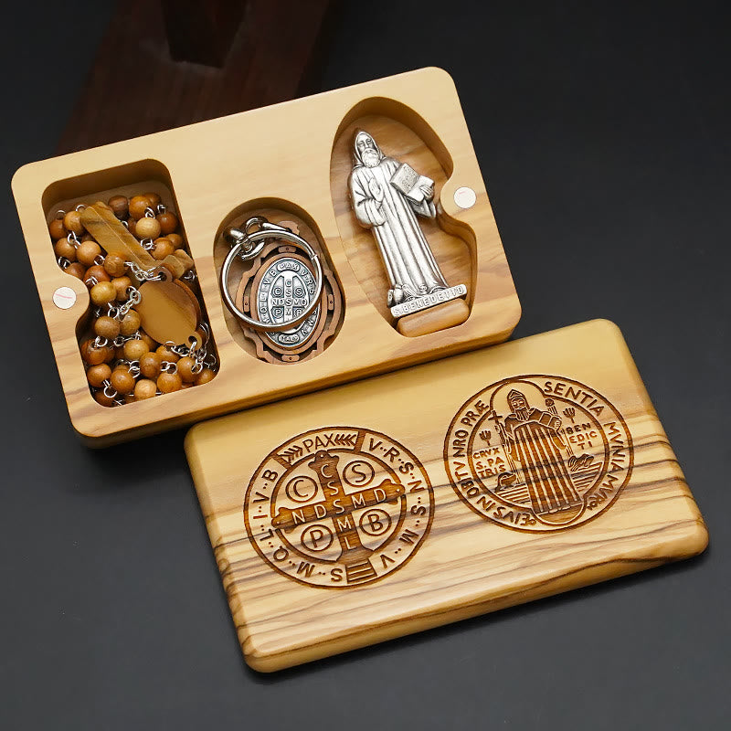 Christianartworkshop Klassischer Stil Andachts-Rosenkranz-Set aus Olivenholz mit dem Heiligen Benedikt