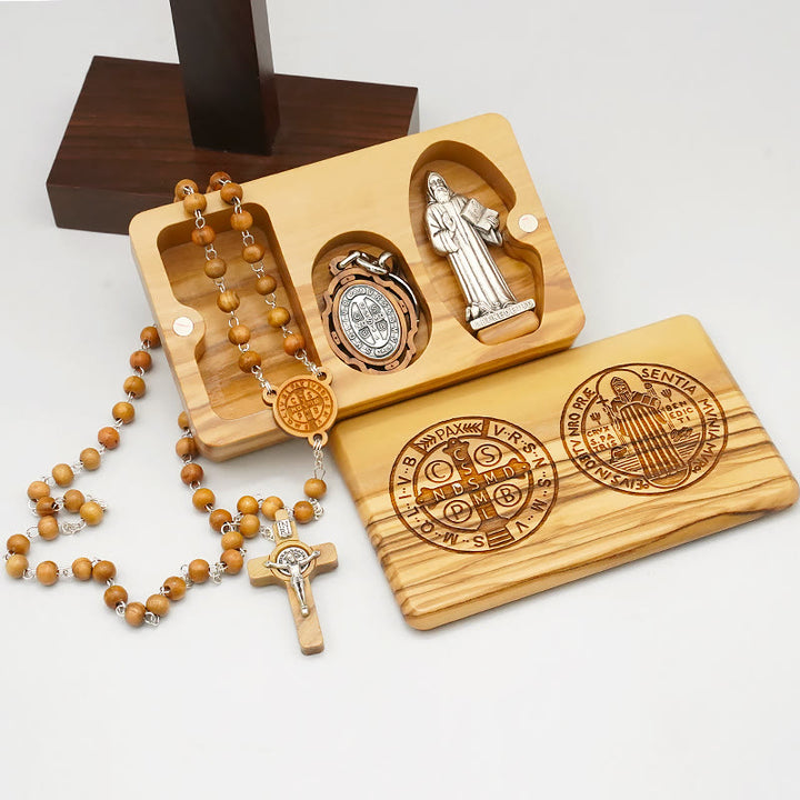 Christianartworkshop Klassischer Stil Andachts-Rosenkranz-Set aus Olivenholz mit dem Heiligen Benedikt