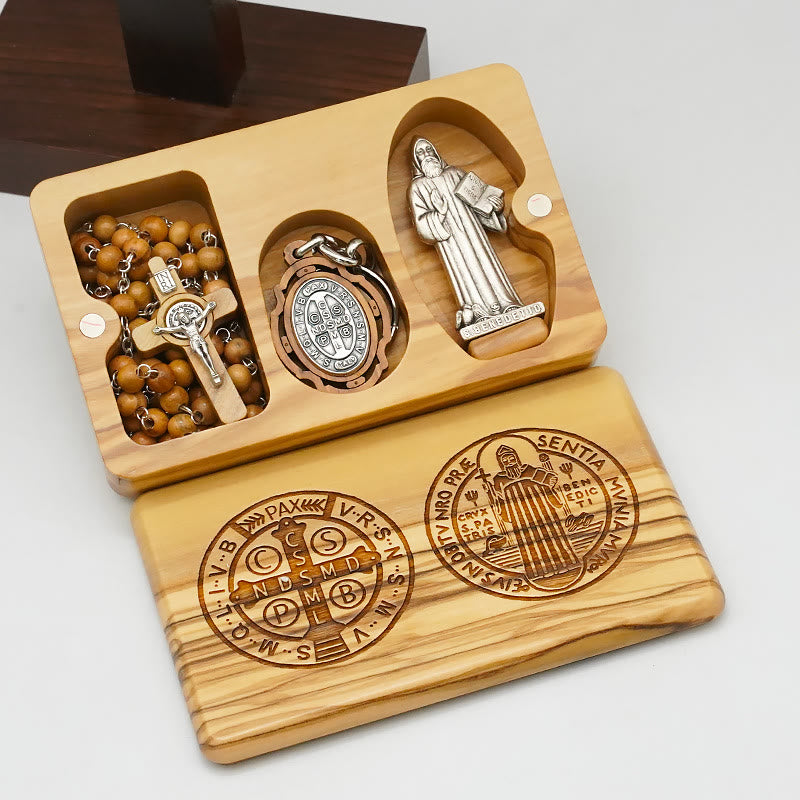 Christianartworkshop Klassischer Stil Andachts-Rosenkranz-Set aus Olivenholz mit dem Heiligen Benedikt
