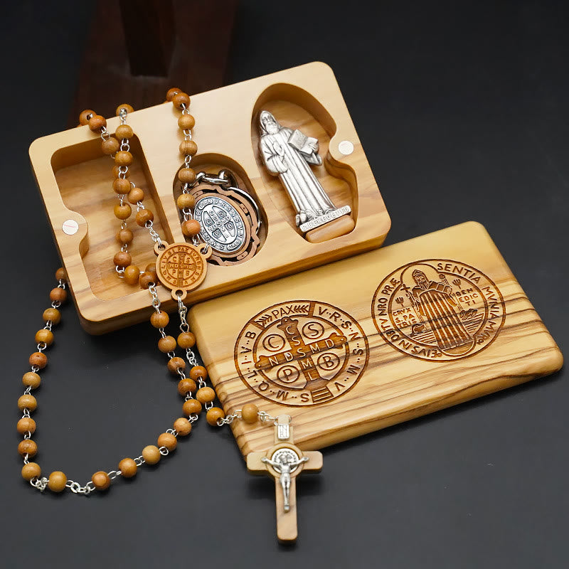 Christianartworkshop Klassischer Stil Andachts-Rosenkranz-Set aus Olivenholz mit dem Heiligen Benedikt