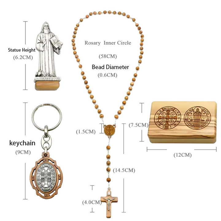 Christianartworkshop Klassischer Stil Andachts-Rosenkranz-Set aus Olivenholz mit dem Heiligen Benedikt