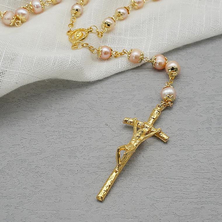 Christianartworkshop Rosenkranz mit Jungfrau Maria und Kruzifix, 7 x 8 mm, rund, Champagner-Perlen, Legierung