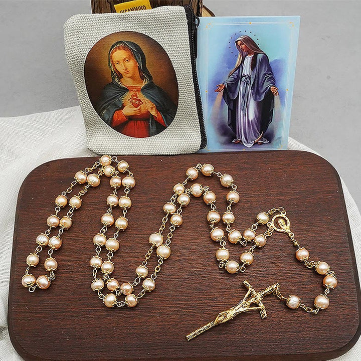 Christianartworkshop Rosenkranz mit Jungfrau Maria und Kruzifix, 7 x 8 mm, rund, Champagner-Perlen, Legierung