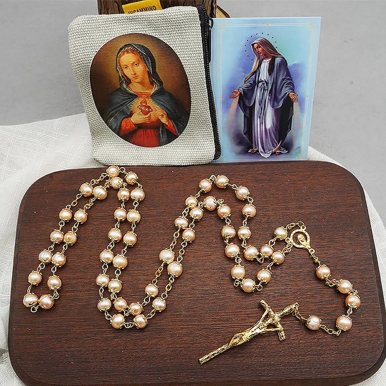 Christianartworkshop Rosenkranz mit Jungfrau Maria und Kruzifix, 7 x 8 mm, rund, Champagner-Perlen, Legierung - Sekt - image 0