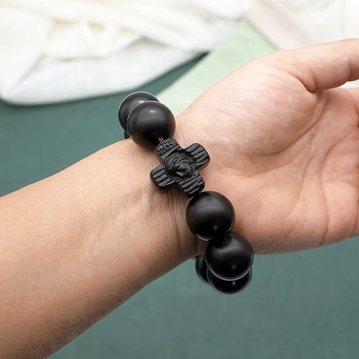 Christianartworkshop Klassisches Rosenkranz-Armband mit Jesus-Christus-Kreuz, schwarzes Sandelholz