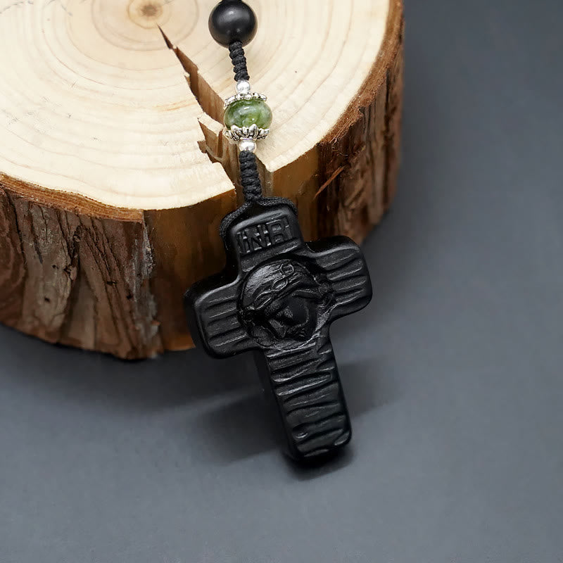 Christianartworkshop Jesuskreuz aus 8 mm rundem Rosenkranz aus braun/schwarzem Sandelholz und Nylonschnur