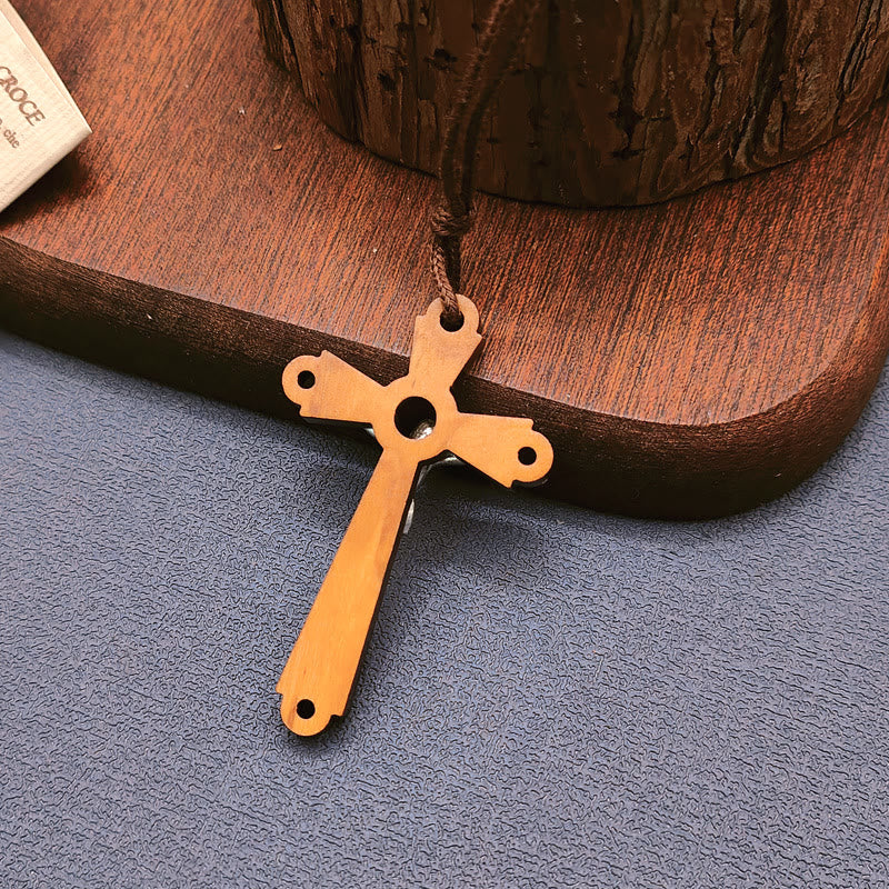 Christianartworkshop Halskette mit Anhänger Kruzifix aus Olivenholz im klassischen Stil, gesegnete Andacht