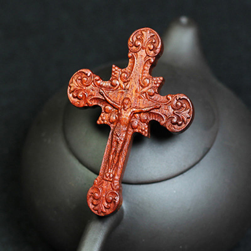 Christianartworkshop Halskette mit Anhänger aus Rosenholz im klassischen Stil mit Kruzifix und heiligem Schutz