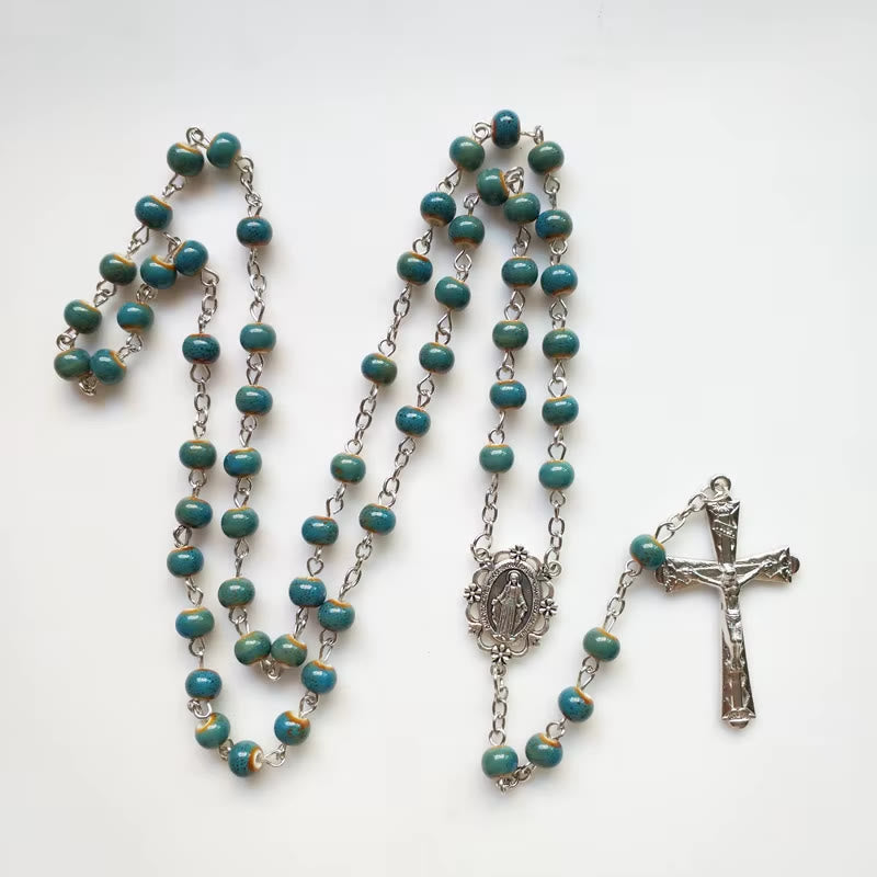 Christianartworkshop Wundertätige Medaille und Kruzifix aus 6 mm runder blauer Keramiklegierungskette Rosenkranz