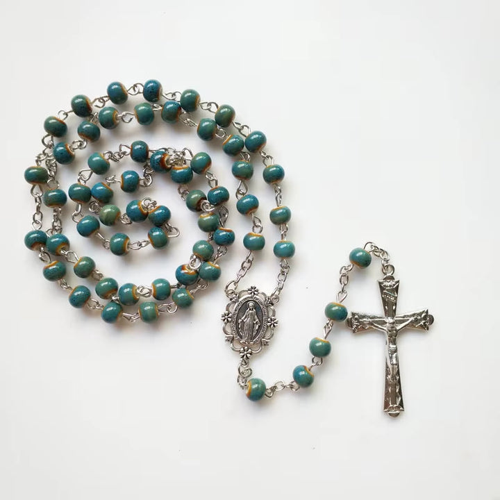 Christianartworkshop Wundertätige Medaille und Kruzifix aus 6 mm runder blauer Keramiklegierungskette Rosenkranz