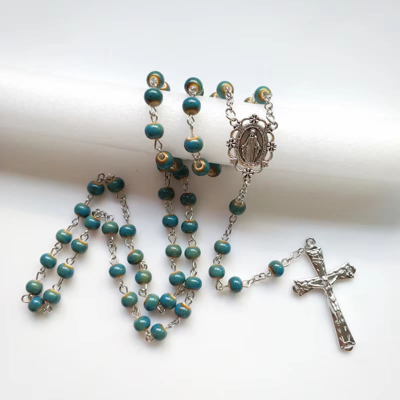 Christianartworkshop Wundertätige Medaille und Kruzifix aus 6 mm runder blauer Keramiklegierungskette Rosenkranz