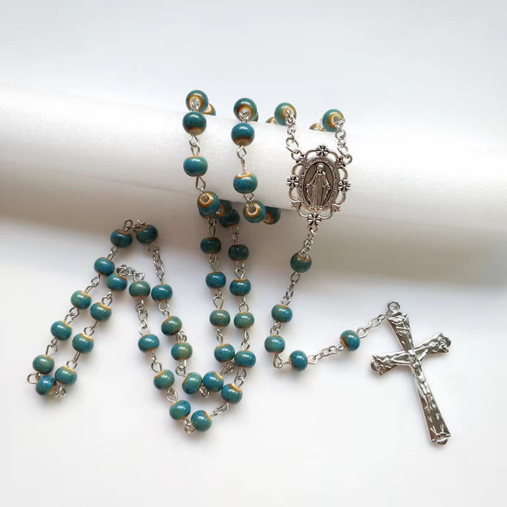 Christianartworkshop Wundertätige Medaille und Kruzifix aus 6 mm runder blauer Keramiklegierungskette Rosenkranz