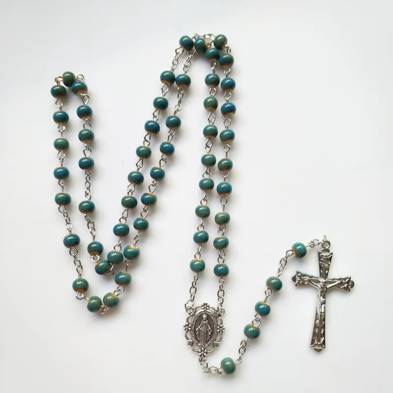 Christianartworkshop Wundertätige Medaille und Kruzifix aus 6 mm runder blauer Keramiklegierungskette Rosenkranz