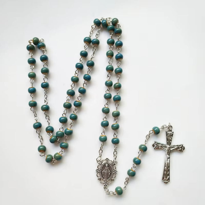 Christianartworkshop Wundertätige Medaille und Kruzifix aus 6 mm runder blauer Keramiklegierungskette Rosenkranz