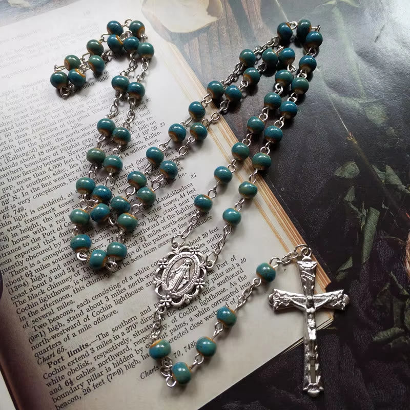 Christianartworkshop Wundertätige Medaille und Kruzifix aus 6 mm runder blauer Keramiklegierungskette Rosenkranz