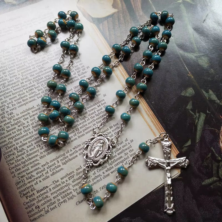 Christianartworkshop Wundertätige Medaille und Kruzifix aus 6 mm runder blauer Keramiklegierungskette Rosenkranz