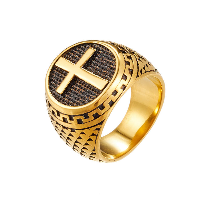 Christianartworkshop Handgefertigter Edelstahlring im klassischen Stil mit Kreuz und heiligem Schutz