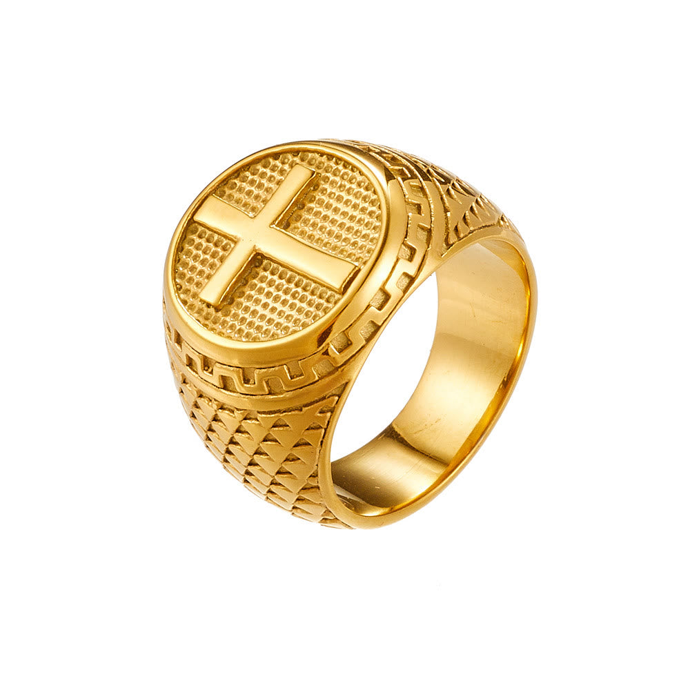 Christianartworkshop Handgefertigter Edelstahlring im klassischen Stil mit Kreuz und heiligem Schutz