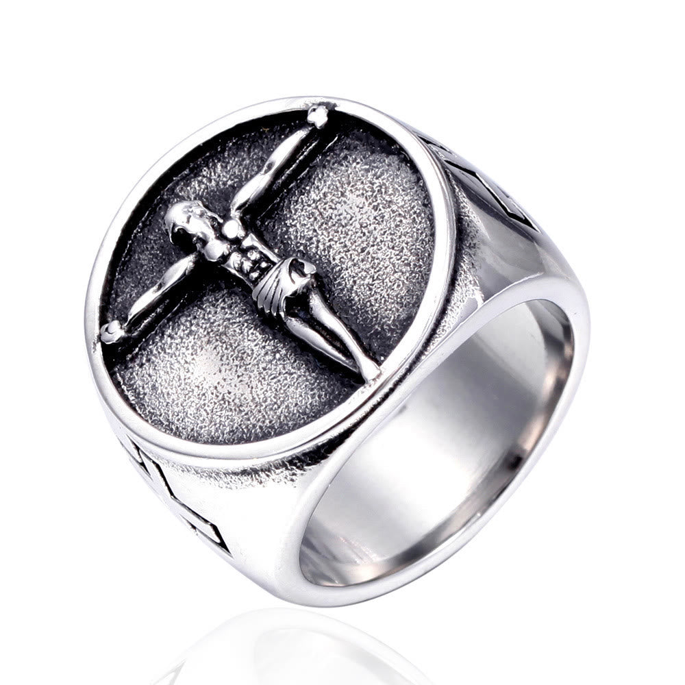 Christianartworkshop Klassischer Ring im Retro-Stil mit Jesuskreuz und Kruzifix-Symbol, gesegneter Glaube