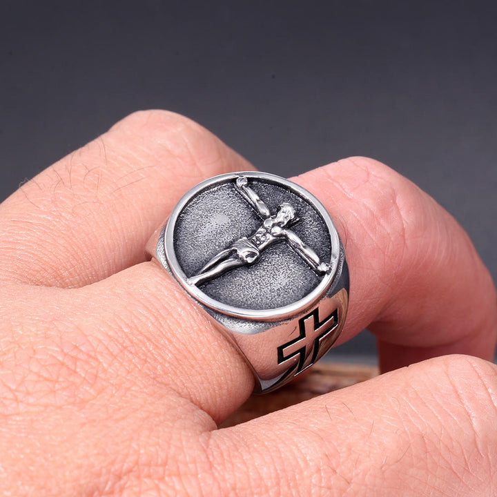 Christianartworkshop Klassischer Ring im Retro-Stil mit Jesuskreuz und Kruzifix-Symbol, gesegneter Glaube