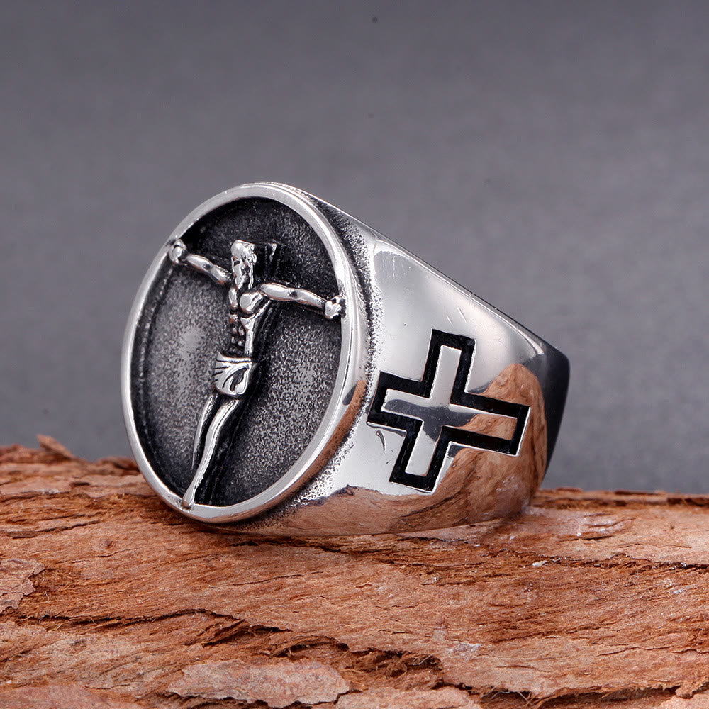 Christianartworkshop Klassischer Ring im Retro-Stil mit Jesuskreuz und Kruzifix-Symbol, gesegneter Glaube