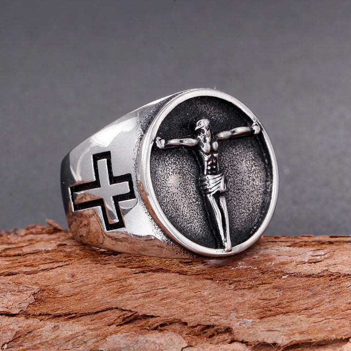 Christianartworkshop Klassischer Ring im Retro-Stil mit Jesuskreuz und Kruzifix-Symbol, gesegneter Glaube