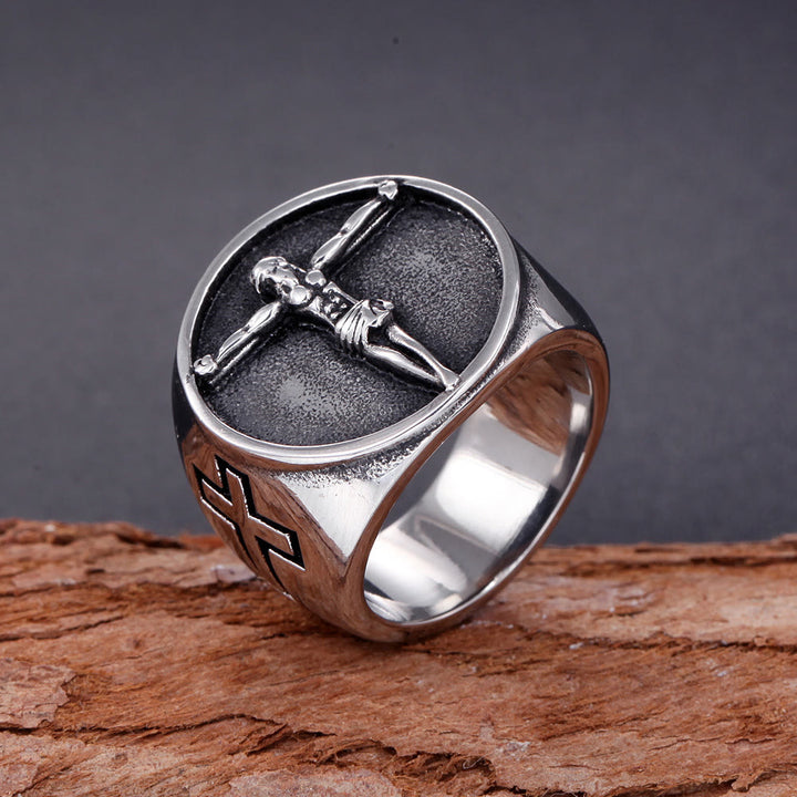 Christianartworkshop Klassischer Ring im Retro-Stil mit Jesuskreuz und Kruzifix-Symbol, gesegneter Glaube