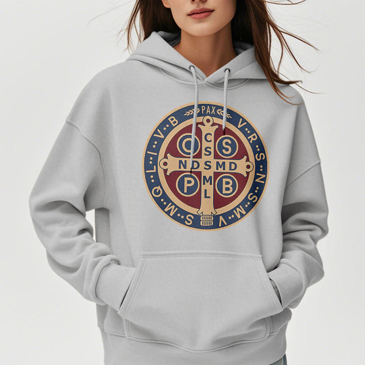 Christianartworkshop Klassischer farbiger Stil St. Benedict Protector Fleece-gefütterter Polyester-Kapuzenpullover