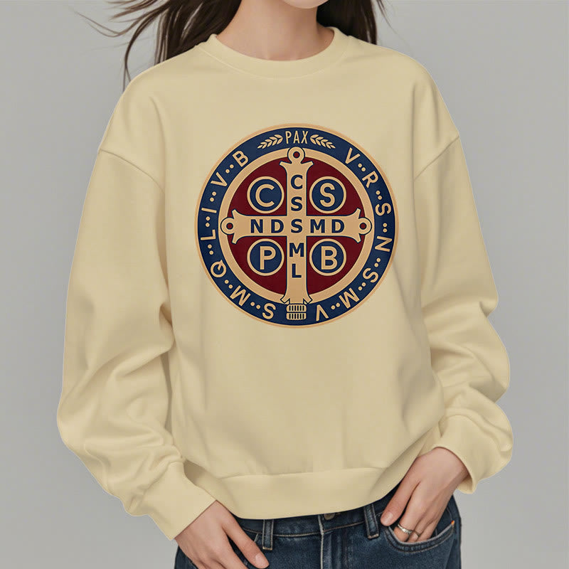 Christianartworkshop Klassisches, farbiges Sweatshirt mit Fleecefutter aus Polyester im St. Benedict-Beschützer-Stil