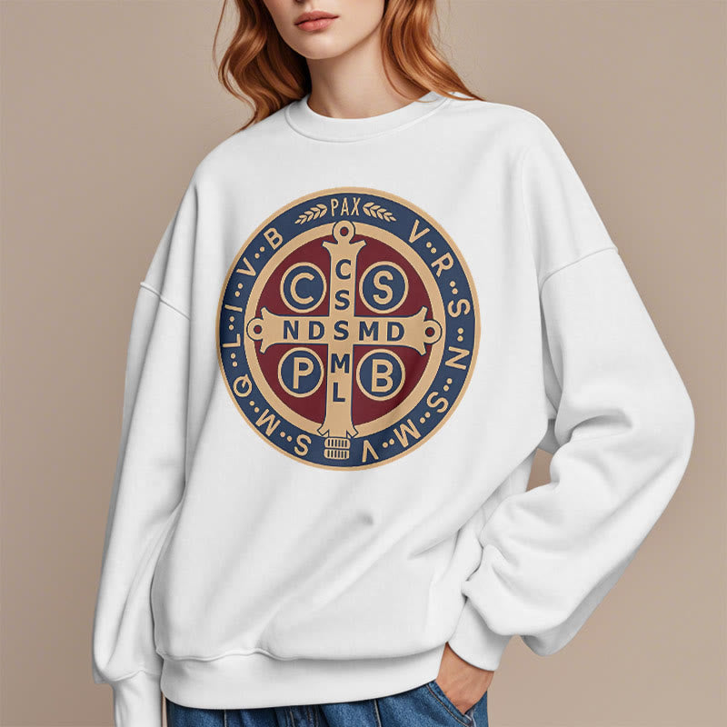 Christianartworkshop Klassisches, farbiges Sweatshirt mit Fleecefutter aus Polyester im St. Benedict-Beschützer-Stil