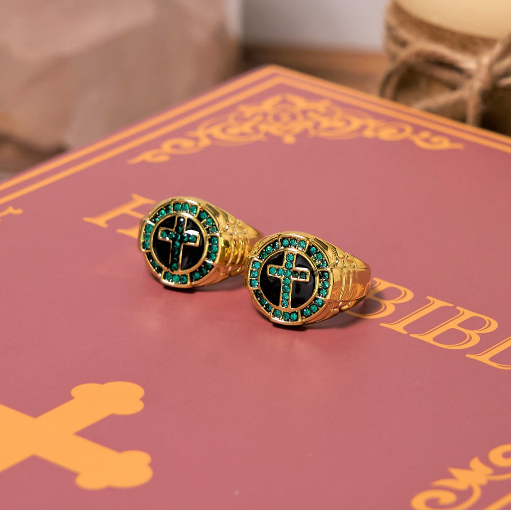 Christianartworkshop Ring im Retro-Stil mit grünen Edelsteinen und Kreuz, goldene Legierung - image 2