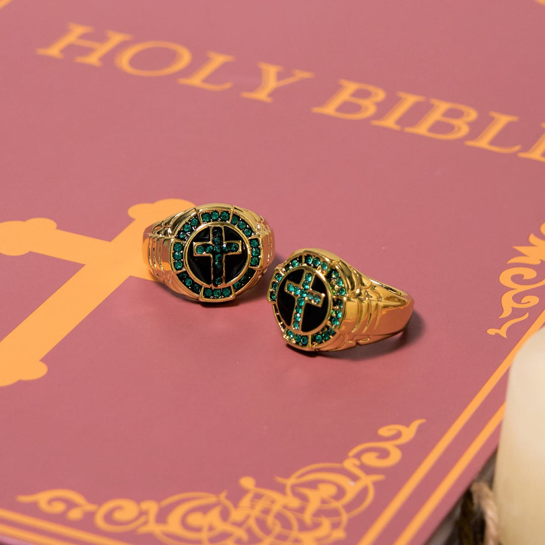 Christianartworkshop Ring im Retro-Stil mit grünen Edelsteinen und Kreuz, goldene Legierung - image 3