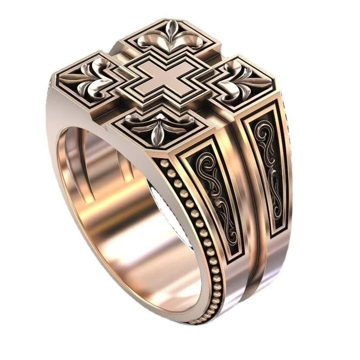 Christianartworkshop Ring mit aufwendigem gotischem Kreuz, kräftiger und detaillierter Stil, religiöser Schmuck