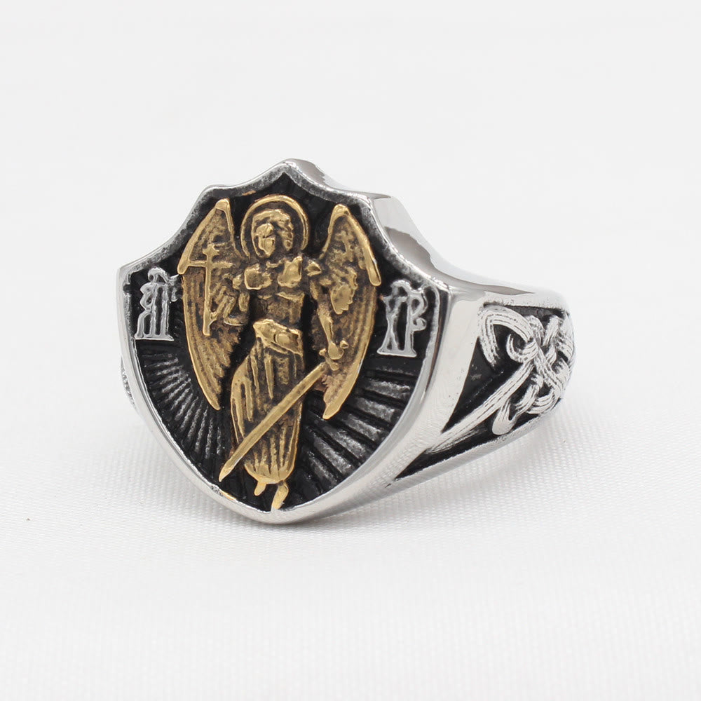 Christianartworkshop Ring im Retro-Stil mit Schutzengel St. Michael, Schutz und Stärke
