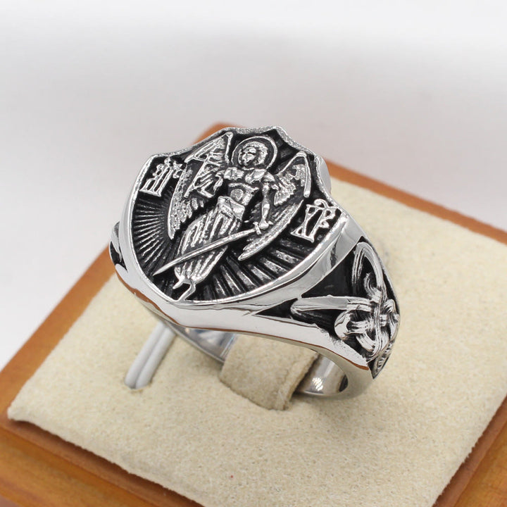 Christianartworkshop Ring im Retro-Stil mit Schutzengel St. Michael, Schutz und Stärke