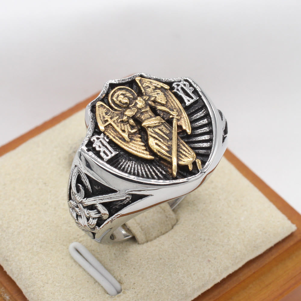 Christianartworkshop Ring im Retro-Stil mit Schutzengel St. Michael, Schutz und Stärke