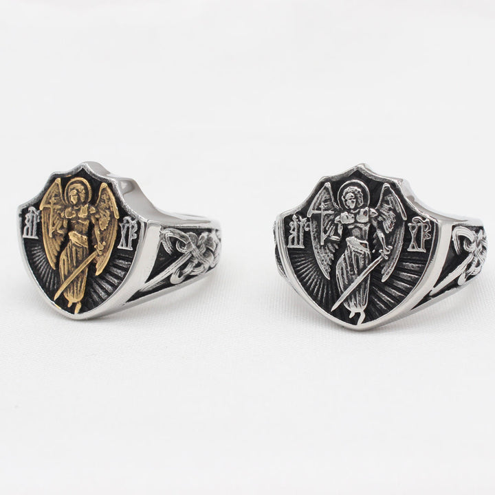 Christianartworkshop Ring im Retro-Stil mit Schutzengel St. Michael, Schutz und Stärke